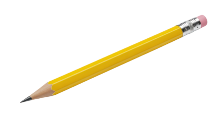 A yellow pencil with a pink eraser on a white background.