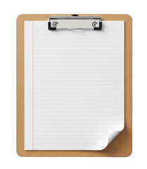 A blank wooden clipboard with a blank sheet of lined paper attached to it.