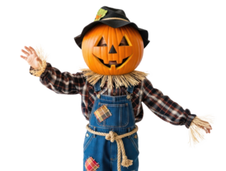 A pumpkin head scarecrow with a black hat and plaid shirt, standing against a white background.