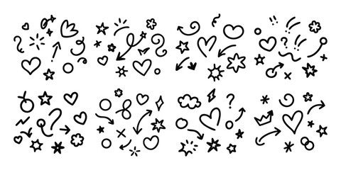 Collection of hand drawn doodle elements including hearts arrows stars and flowers