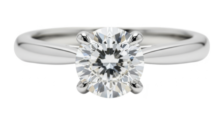 Sparkling diamond solitaire ring, brilliant cut, intense brilliance, polished metal band, isolated on white background, a symbol of timeless elegance