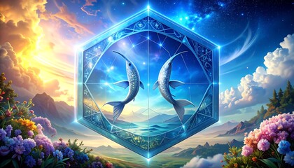 A celestial scene of two stylized fish within a jeweled, hexagonal frame, set against a vibrant sky and landscape. Lush floral detail frames