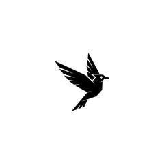 Geometric rendering of a black bird in flight with stylized wing feathers on white