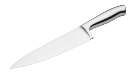 A sharp, professional chef's knife with a gleaming stainless steel blade and a comfortable ergonomic handle, perfect for culinary tasks