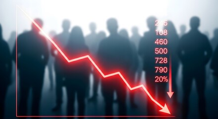 Blurred crowd of people with a downward trending red graph overlay, symbolizing economic decline