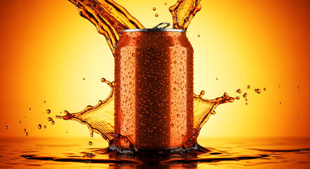 Refreshing orange beverage can with dynamic liquid splash. Chilled drink in aluminum packaging on vibrant orange background.