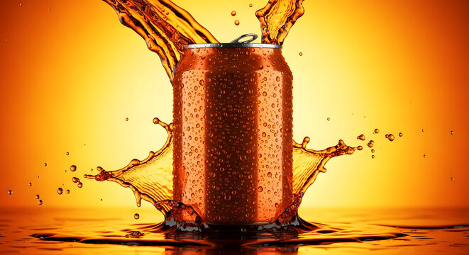 Refreshing orange beverage can with dynamic liquid splash. Chilled drink in aluminum packaging on vibrant orange background.