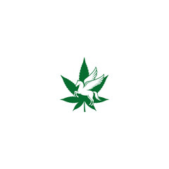 A cannabis leaf silhouette in green with a white pegasus in the center on white background