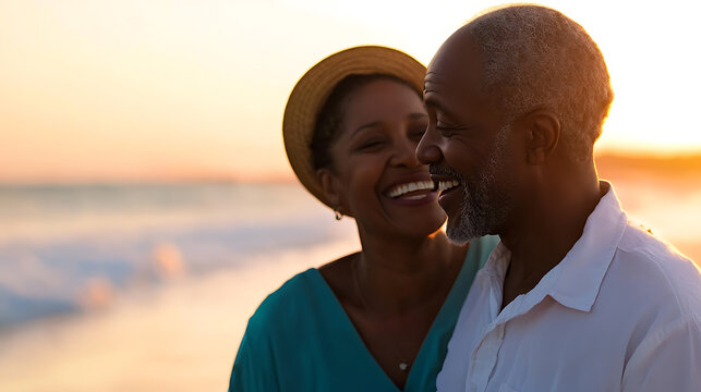 Affectionate mature couple embracing on a beach at sunset, sharing a joyful moment as waves gently roll in. A picture of love, companionship, and happiness.