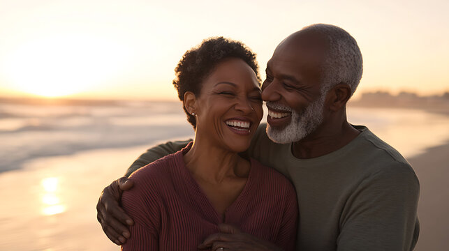 Senior couple embraces on beach at sunset, sharing laughter and love, creating unforgettable memories together.  Their joy is palpable. - Powered by Adobe