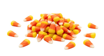 A pile of candy corn on a white background.