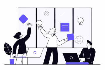 Creative Team Project Management Illustration: Agile Workflow, Task Visualization, and Collaborative Idea Development for Successful Business Execution in Modern Company