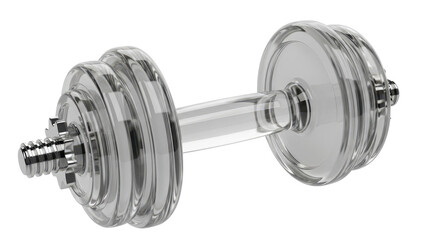 Fototapeta premium Transparent glass dumbbell isolated on a white background, showcasing light reflections and a detailed 3D rendering