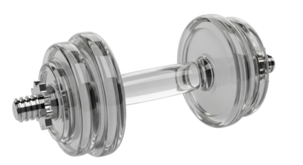 Transparent glass dumbbell isolated on a white background, showcasing light reflections and a detailed 3D rendering