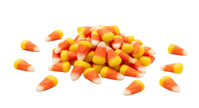A pile of candy corn on a white background.