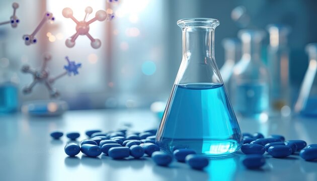 Blue liquid fills an Erlenmeyer flask with pills scattered nearby. Molecular structures float in background, representing scientific research. Futuristic lab setting suggests drug development.