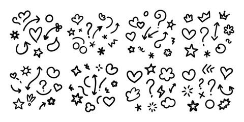 Collection of hand drawn doodle elements including hearts arrows stars and question marks