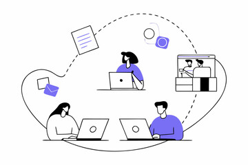 Collaborative Virtual Workplace Illustration Showcasing Team Connectivity and Digital Communication Platforms for Remote Business Operations and Distributed Teamwork in Modern Business Environment