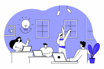 Innovative Business Team Illustration Portraying Collaborative Idea Generation and Creative Problem Solving in a Modern Office Setting to Symbolize Teamwork and Effective Communication Strategies