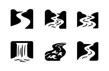 Flat river and waterfall icons collection for nature and travel design projects