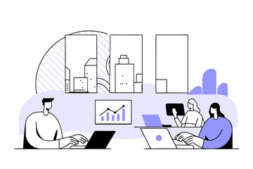 Data-Driven Teamwork Illustration Depicting Business Analytics and Collaborative Strategy with Communication Technology in a Modern Office Setting for Enhanced Decision Making