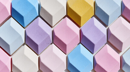 Obraz premium Colorful hexagonal tiles in pastel shades of pink, blue, yellow, and purple arranged in a geometric pattern, showcasing modern design and vibrant aesthetics for interior decor