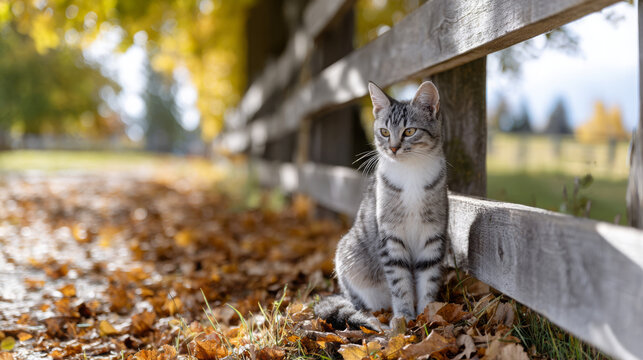 Domestic cat with gray and white fur sits beside a wooden fence in an autumn landscape, surrounded by fallen leaves, showcasing a serene outdoor scene - Powered by Adobe