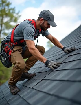 Man installing shingles on roof. Roofer wears safety harness, gloves, repairing replacing roof tiles on steep slope. Construction worker on roof renovation project. Handyman fixing damaged shingles.