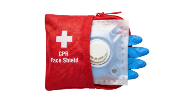 A red first aid kit with a face shield and gloves inside.
