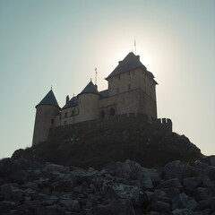 Fototapeta premium Majestic medieval castle silhouetted against a bright sun on a rocky hilltop under a clear sky creating a dramatic and atmospheric scene