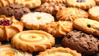 A close-up assortment showcasing various baked treats with diverse shapes, colors, and textures. Delicious looking cookies and pastries abound