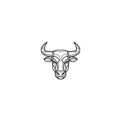 Geometric bull head illustration, stylized in black outline on a white background