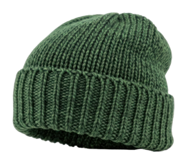 A green knitted beanie hat isolated on a white background.