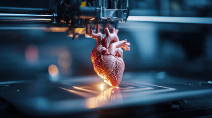 3D-printed human heart model in a medical laboratory setting. A close-up shot shows a 3D-printed heart being created, showcasing medical technology and innovation.