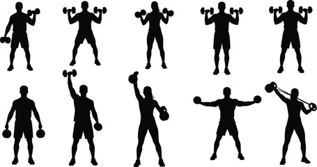 Dumbbell workout poses, fitness training silhouettes, strength exercise icons, gym activity illustration, muscle building, flat vector illustration