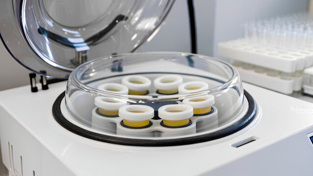 Laboratory benchtop centrifuge with serum or blood (plasma) samples in test tubes.
