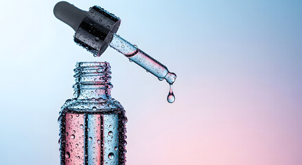 Liquid drop falling from pipette into wet glass dropper bottle. Skincare serum or medical solution concept on gradient background.