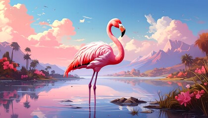 Pink Flamingo in a Tropical Paradise.