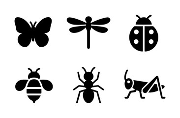 Silhouette set of insect icons featuring butterfly, dragonfly, ladybug, bee, ant, and grasshopper