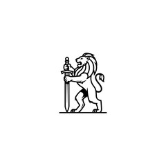 Black and white, stylized lion stands erect, holding a sword firmly upright