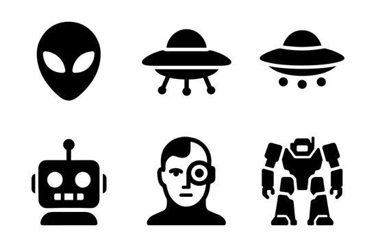 Futuristic alien and robot icons in simple black silhouette style