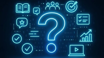 A vibrant digital illustration featuring question marks and various icons representing communication, goals, and metrics. - Powered by Adobe