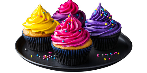 Colorful cupcakes with vibrant frosting and sprinkles displayed on a black plate