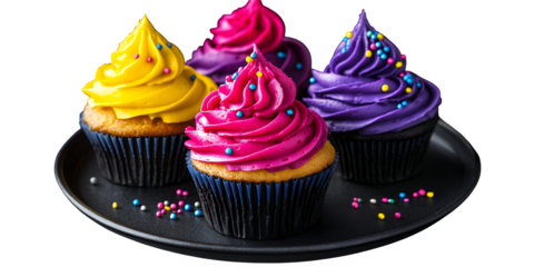 Colorful cupcakes with vibrant frosting and sprinkles displayed on a black plate