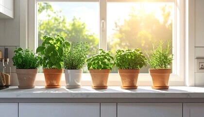 Fototapeta premium Kitchen Herbs on Windowsill Sunlight.