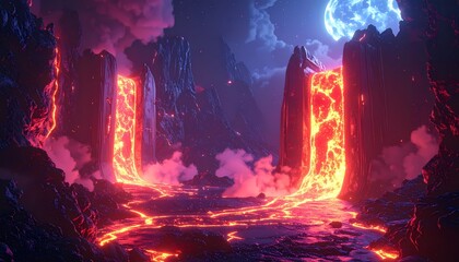 Obraz premium Vibrant Fantasy Landscape with Glowing Lava and Mystical Portals.