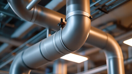 Industrial Piping System: A complex network of metal pipes running throughout a building, showing a functional design and infrastructure.