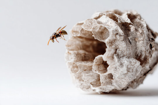 wasp nest with wasps visible entering and exiting, intricate nest details, white background