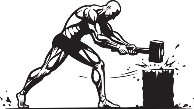 Muscular man powerfully swings a large sledgehammer, striking a block of wood, creating splinters and dust with intense effort and determination.