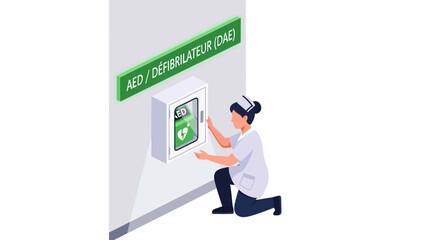 Nurse Inspecting AED/Defibrillator Cabinet on Hospital Wall for Emergency Response